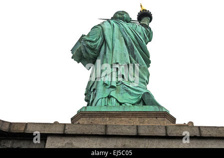 Die Statue of Liberty von hinten gegen einen weißen Hintergrund, New York. Stockfoto