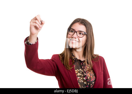 Junge Geschäftsfrau Zeichnung Diagramm / chart auf weißem Hintergrund. Stockfoto