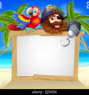 Pirate Beach Zeichen Außenillustration ein lustiges Cartoon Cartoon Pirat mit seinem Papagei über ein Schild an einem Strand zeigend Stockfoto