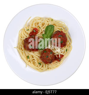 Spaghetti mit Fleischbällchen Nudeln Nudeln Essen auf einem Teller isoliert Stockfoto