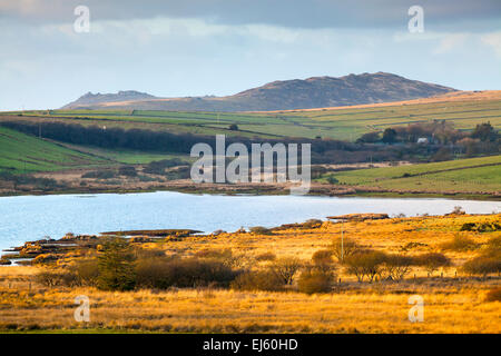 Blick über den Colliford See mit Brown Willy und grobe Tor Hügeln in der Ferne, dem höchsten und zweiten höchsten Punkt in Cornwall Stockfoto