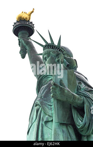 Kopf und Schultern von der Statue of Liberty, New York City auf einem weißen Hintergrund. Stockfoto