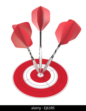 Bullseye. 3 rote Dart Pfeile Mitte des Ziel schlagen. Stockfoto