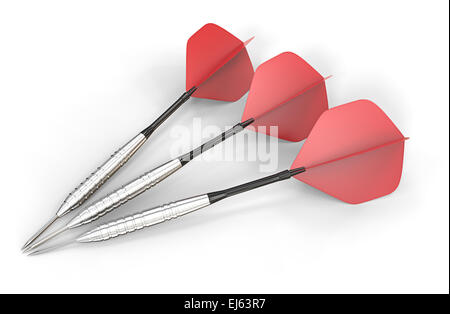 Rote Pfeile. 3 rote Dart-Pfeile aus gebürstetem Stahl auf weißem Grund. Stockfoto