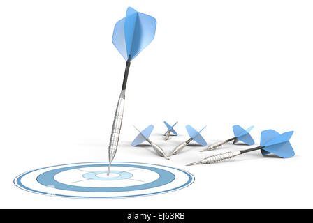 Zielgerichtetes Marketing. Blaue Pfeile. Ein Ziel schlagen. Rest auf Boden liegend. Stockfoto