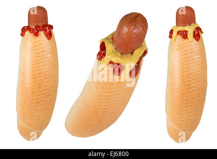 Würstchen mit Senf und Ketchup. Isoliert auf weißem Hintergrund Stockfoto