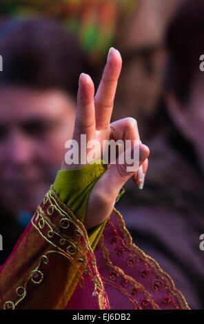 Finsbury Park, London, UK. 22. März 2015.  Tausende von Londons kurdische Gemeinschaft versammeln sich zum Newroz, ihre traditionellen Silvester feiern. Die im Exil lebenden Gemeinschaft trauert um den Tod des Londoner und ex-königliche Marine Erik Konstandinos Scurfield, ein Held, der getötet wurde, kämpfen ISIS und deren Mutter Vasiliki Scurfield adressiert das Publikum. Bildnachweis: Paul Davey/Alamy Live-Nachrichten Stockfoto