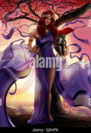 Griechische Göttin Athene stehend mit Spartanischer Krieger goldenen Helm, hält Ölzweig in lila Schleife Kleid. Stockfoto