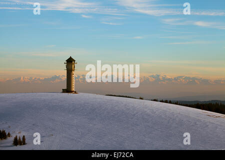 Mt Seebuck mit Feldberg Tower, Blick auf die Schweizer Alpen, Feldberg, Schwarzwald, Baden-Württemberg, Deutschland Stockfoto