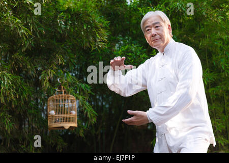 Ein Alter Mann ist Tai Chi praktizieren. Stockfoto