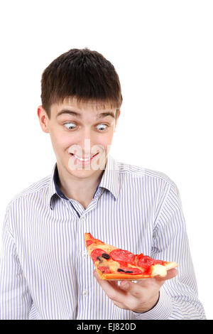 Überrascht Teenager mit Pizza Stockfoto