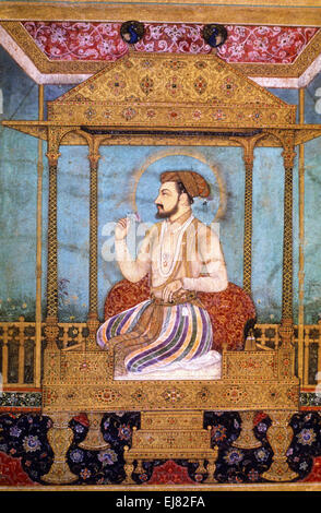 Shah Jahan auf dem Pfauenthron. Moghul-Miniaturmalerei circa 1630 n. Chr. Indien Stockfoto