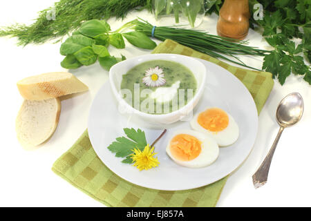 Kräuter-Suppe mit einem Klecks Creme Stockfoto