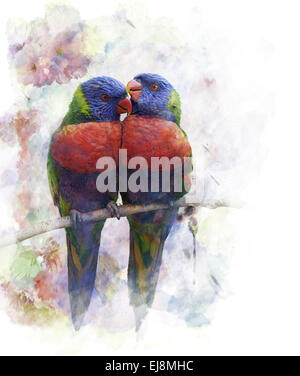 Aquarell Bild von Papageien Stockfoto