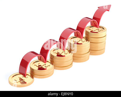 3D-Rendering des goldenen Münzen finanzielle Diagramm Konzept isoliert auf weißem Hintergrund Stockfoto