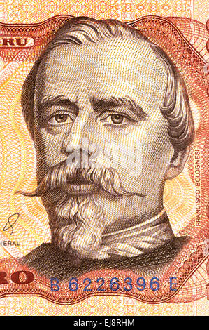 Ausschnitt aus einer 1985 peruanischen 5000 Sohlen Banknote zeigt Francisco Bolognesi Cervantes (1816-1880: peruanische militärischer Held) Stockfoto