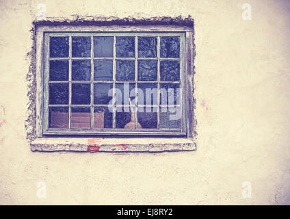 Alten Grunge Fenster auf eine alte schmutzige Wand, Retro-gefiltert. Stockfoto
