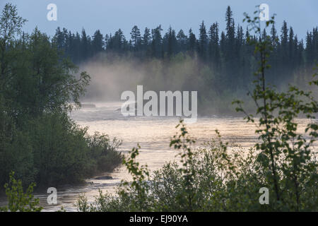 neblige Stimmung am Fluss Sjaunjaaedno, Lappland, Schweden Stockfoto