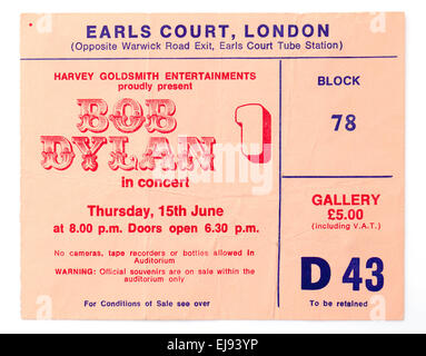 Alte Vintage Konzert oder Konzert Ticket Stub für Bob Dylan im Earls Court 1978 Stockfoto