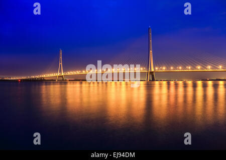 schöne Nanjing Kabel gebliebene Brücke bei Nacht Stockfoto