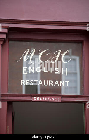 M & H englische Restaurant Schild, Brushfields Street, Spitalfields, London, England, Vereinigtes Königreich Stockfoto