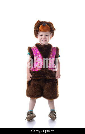 Bild von fröhlicher Junge gekleidet in Bear Stockfoto