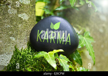 Das Wort "Karma" auf einem Stein in der Natur Stockfoto