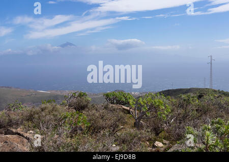 Ein Blick von La Gomera nach Teneriffa mit den Teide in der Entfernung und Elektrizität Mast Stockfoto