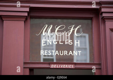 M & H englische Restaurant Schild, Brushfields Street, Spitalfields, London, England, Vereinigtes Königreich Stockfoto