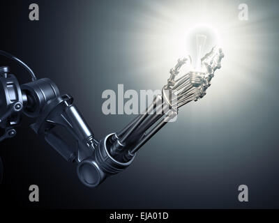 Eine futuristische Android hält eine Glühbirne Stockfoto
