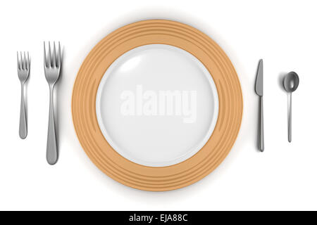 leeren Teller mit Messer, Gabel und Löffel, isoliert auf weiss Stockfoto