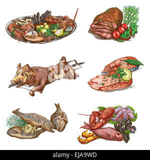 Aus der Serie: Speisen und Getränke auf der ganzen Welt (Set No. 1) - Sammlung von einer Hand gezeichnet und farbigen Illustrationen. Descriptio Stockfoto