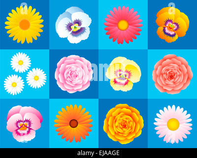 Gänseblümchen, Stiefmütterchen, Astern, Nelken, Rosen, eine Variation von bunten Blumen auf blauem Hintergrund für nahtlose Tapetenmuster. Stockfoto