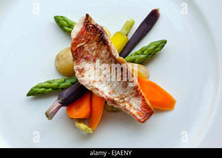 Meerbarben Filet und Gemüse auf einem Teller Stockfoto