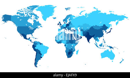 Blaue Weltkarte mit Ländern Stockfoto