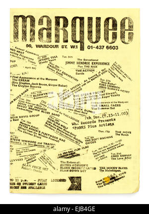 1970er Jahren monatliche Werbeflyer für das legendäre Marquee Club Soho London benennen von bekannten Bands, die es in der Vergangenheit gespielt hatte Stockfoto