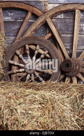 Alte Räder aus einem Warenkorb Stockfoto