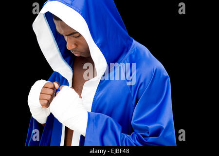 Muskuläre Boxer in blaue Haube Stockfoto