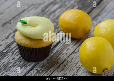 Zitronen-Cupcakes mit frischen Zitronen Stockfoto