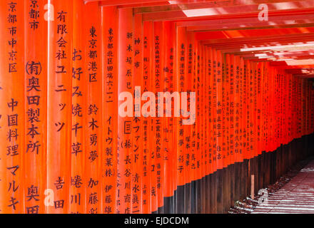 Detail der Zinnober farbigen Torii Toren des Fushimi Inari Schrein, Kyoto, Japan Stockfoto