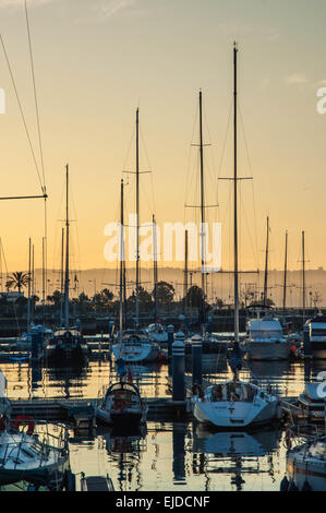 Yachten, die im Hafen von A Coruña, Spanien. Bei Sonnenaufgang genommen Stockfoto