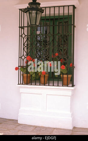 Vintage Laterne und Schmiedeeisen Sicherheit Gitter am Fenster der spanische Villa mit Töpfen von roten Geranien Stockfoto