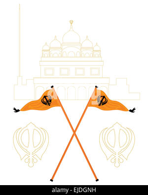 ein Beispiel für eine abstrakte weiß und Gold mit den Flaggen der Sikh Gurdwara genannt Nishan Sahib in Orange und schwarz Stockfoto