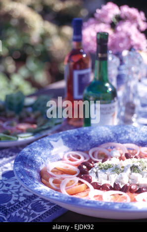 Nahaufnahme von einer freien Mittagessen mit Tomate und Feta-Käse-Salat mit Zwiebeln in einer hellen blauen Schale auf einem Gartentisch Stockfoto