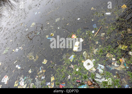 Abfall, Müll, Kunststoff, Glas, Flaschen, Dosen, Taschen und Fast-Food Verpackungen in einer Sozialsiedlung in Bradford, West Yorkshire. Stockfoto