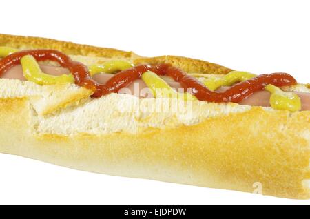 Hot Dog mit Senf und Ketchup auf weißem Hintergrund Stockfoto