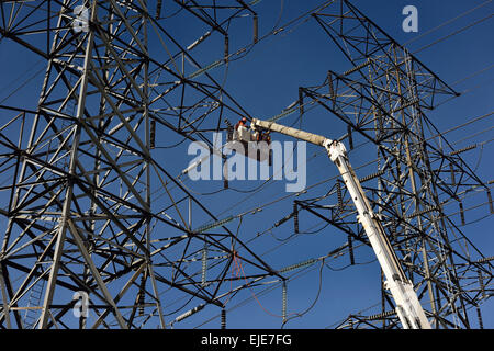 Hydro Linemen am Ausleger heben arbeiten um Aussetzung Isolatoren auf Hochspannung Strom macht Linie Turm zu ersetzen Stockfoto