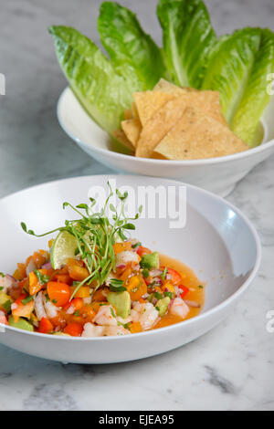 eine Schale mit frischen Ceviche mit Mais-chips Stockfoto