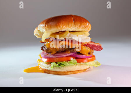 Das frisch zubereitete Frühstück Bacon Cheeseburger mit Ei und knusprige Pommes frites Stockfoto