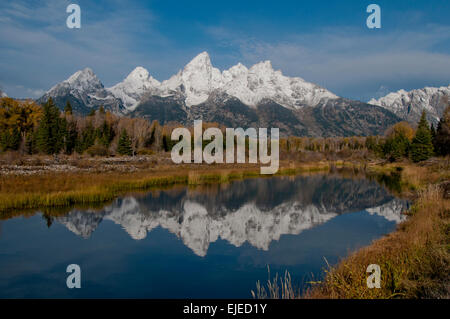 Teton Mountains bedeckt im Herbst spiegelt sich im Teich in der Nähe von Schwabachers landen in Neuschnee. Stockfoto